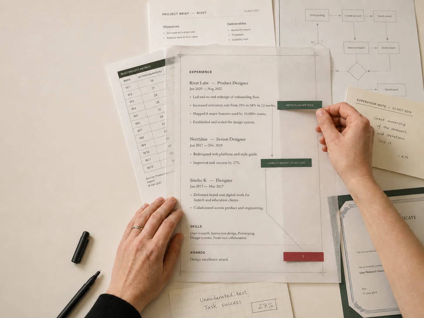 Hands tracing a résumé claim to supporting professional evidence.