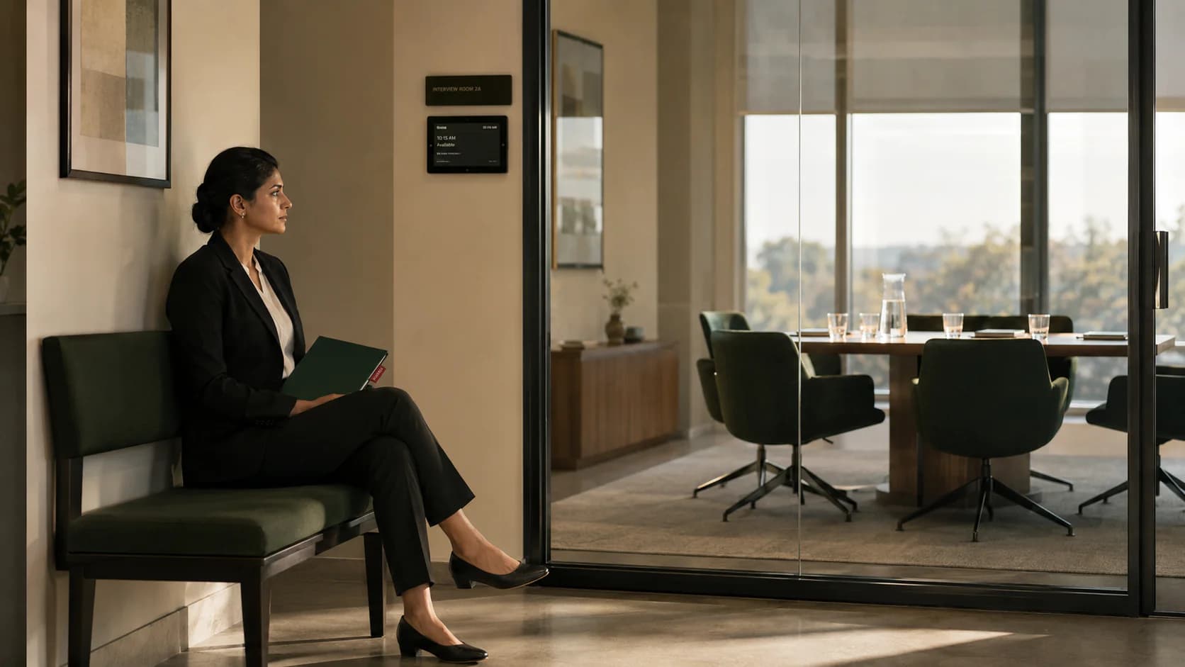 A professional waiting outside an interview room with a verified evidence dossier.